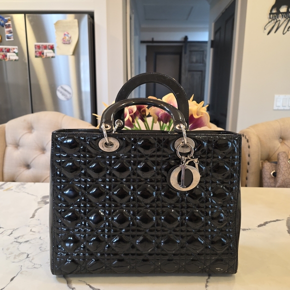 Dior Handbags - Authentic Pre Love LADY DIOR Black Patent Quilted Top-Handle Bag